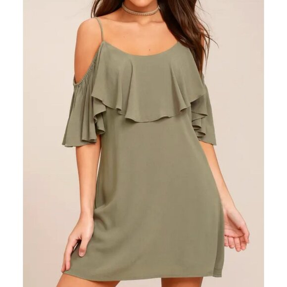 Lulus Olive Green Boho Chic Cold Shoulder Ruffle Women A line Mini Dress XS - Picture 2 of 12